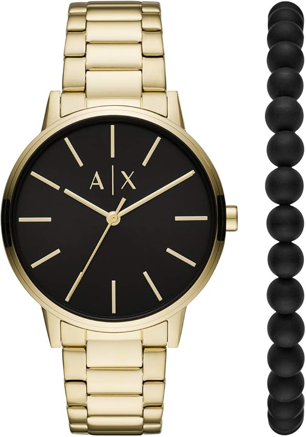 Armani Exchange Reloj para Hombre, Movimiento de tres manecillas, caja de acero inoxidable dorado de 42 mm con correa de acero, AX7119, Conjunto tono dorado y negro