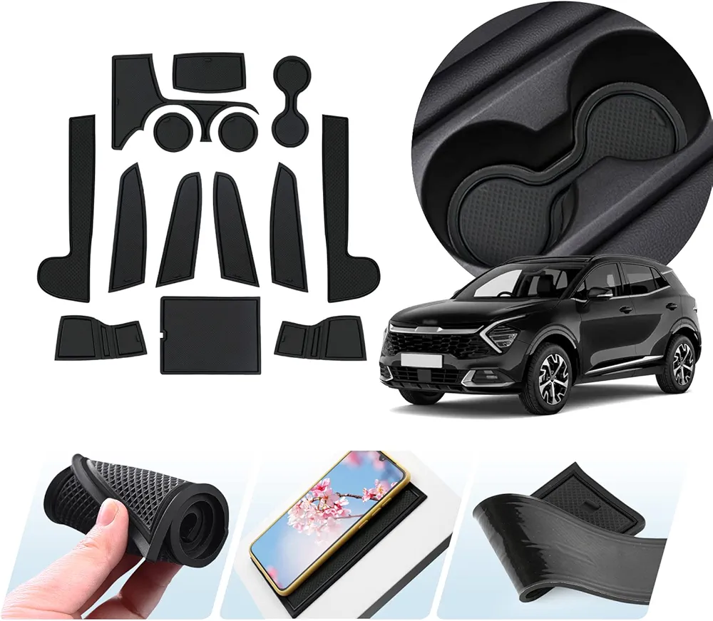 LUWU Kia Sportage NQ5 2022 2023 (Automático/Electrónica) Alfombrillas Antideslizantes de Goma para Consola Central,Posavasos,Ranura de la Puerta,Coche Interior Accesorios 14 Piezas (Negro)