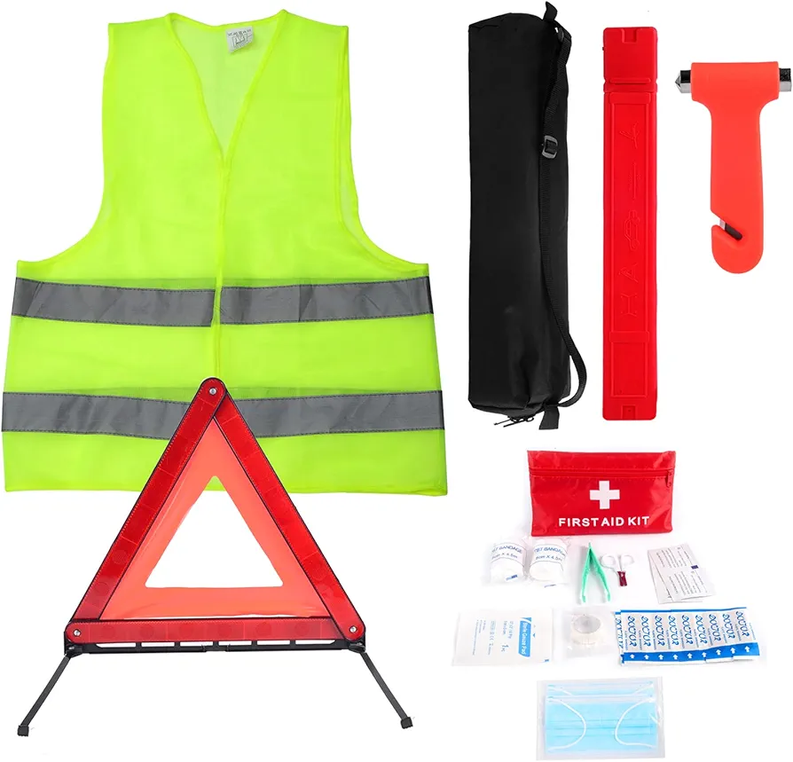 CAMUSBR Kit de Emergencia para Auto, Paquete de 4 Kit de Desglose de Auto con Triángulo de Advertencia Reflectante Plegable Chaleco de Visibilidad Martillo de Seguridad para Emergencias en Carretera