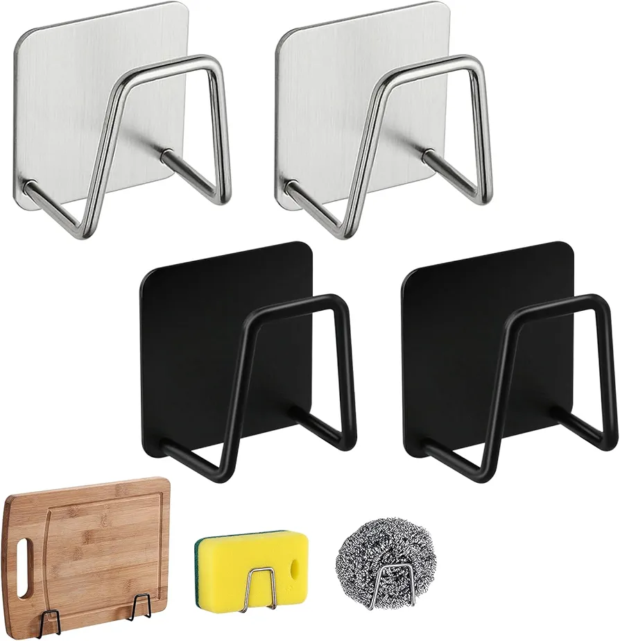 Thgtao Soporte de esponja autoadhesivo para cocina, soporte para esponja, práctico accesorio para fregadero, accesorio para el hogar, cocina, resistente al agua, gancho para paños de cocina, 4
