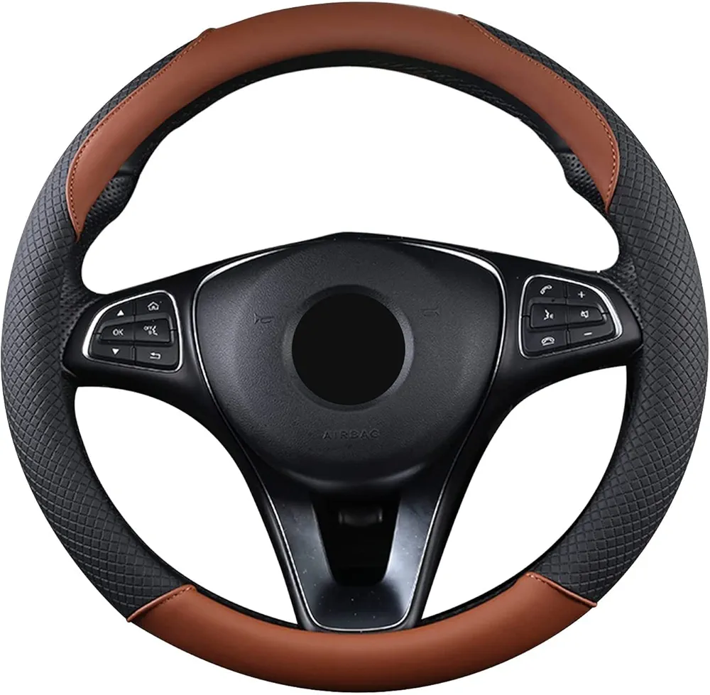 SFONIA Cubierta del Volante Fundas para Volante de Cuero Artificial Universal 37-38cm / 15" Antideslizante Transpirable Durable (Marrón)