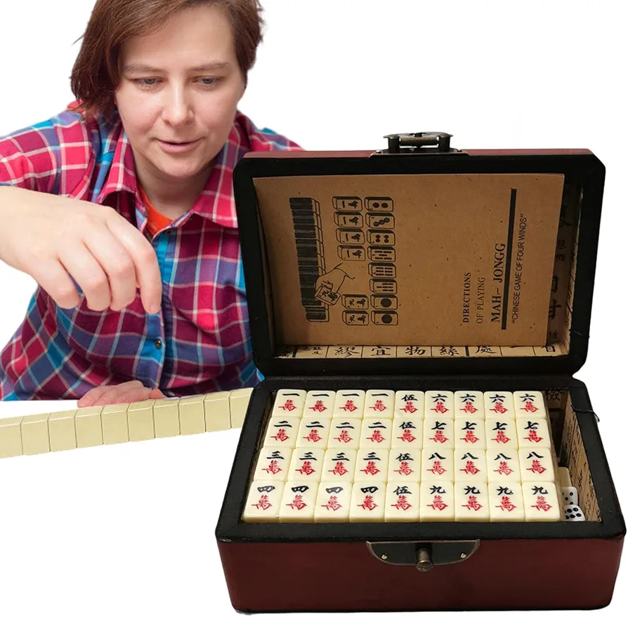 BAOK Juego de Mahjong | Maleta De Madera Mahjong Chino Juego | Juego de fichas de acrílico Mahjong para Viajes, Amigos, Familia, Juego de Ocio, Suministros para Jugar en Fiestas