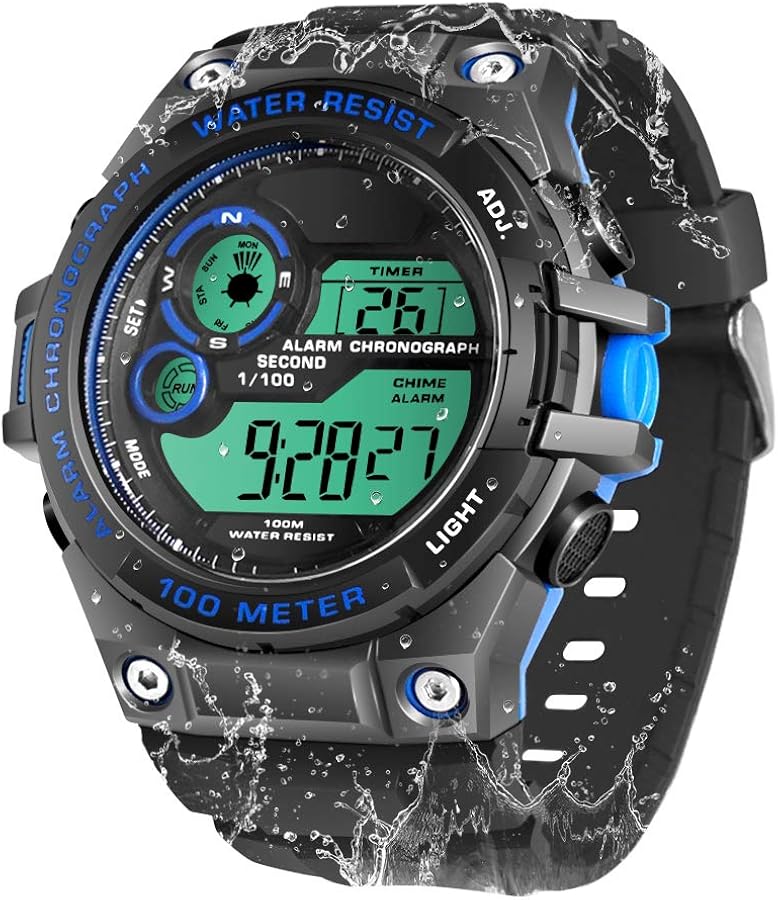 TEKMAGIC 100m Bajo el Agua Reloj de Pulsera Submarinismo para Hombres Niños con Funciones de Cronómetro, Cronógrafo, Alarma, Zona Horaria Dual, Formato de 12/24 Horas
