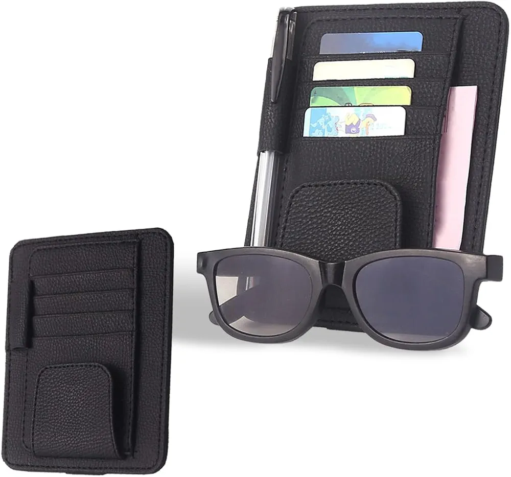 RDNKVB Organizador para Visera de Coche, Clip Porta Gafas de Coche Universal con Compartimentos de Almacenaje Porta Gafas de Sol de Cuero para Visera de Coche para Guardar Gafas de Sol Tarjeta(Negro)
