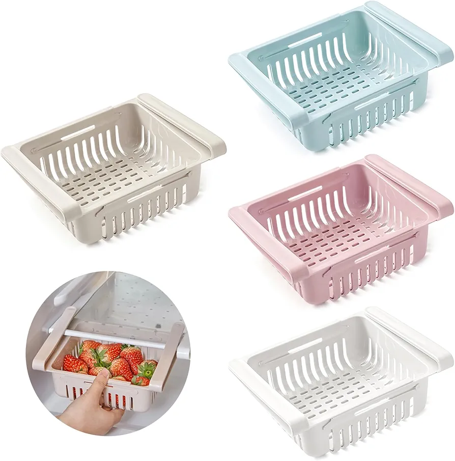 WOKICOR Juego de 4 cajones para frigorífico, armario de cocina, organizador de cajones, extensible, ajustable, perfecto para almacenamiento y organización de cajas de almacenamiento de fridge hogar y