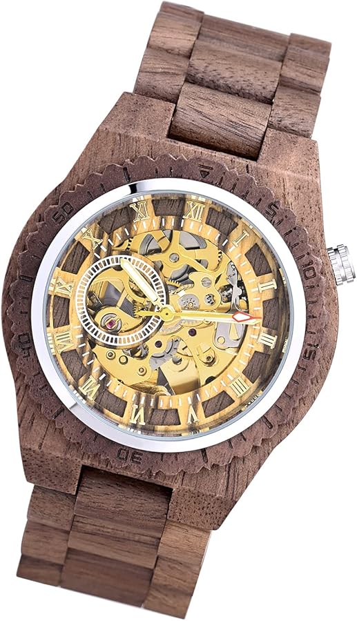 MicLee-Reloj de Moda Reloj mecánico Hueco Esfera de Madera Natural, Reloj de Cuarzo con Correa de Acero Inoxidable Adecuado para Hombres y Mujeres Moda Casual Ultrafina