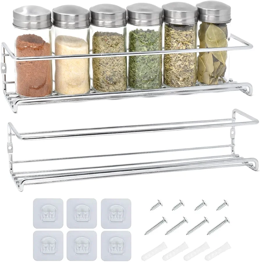 joeji's Kitchen Estanteria especias de dos niveles | Organizador de condimentos para estanteria cocina | Organizador de especias para colgar en la pared, estante de especias plateado