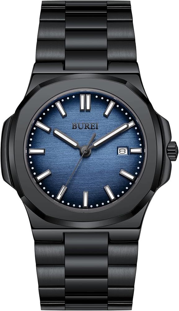 BUREI Relojes Masculinos Moda simulación de Fecha de Cuarzo Relojes de Pulsera de Acero Inoxidable Relojes Impermeables comerciales