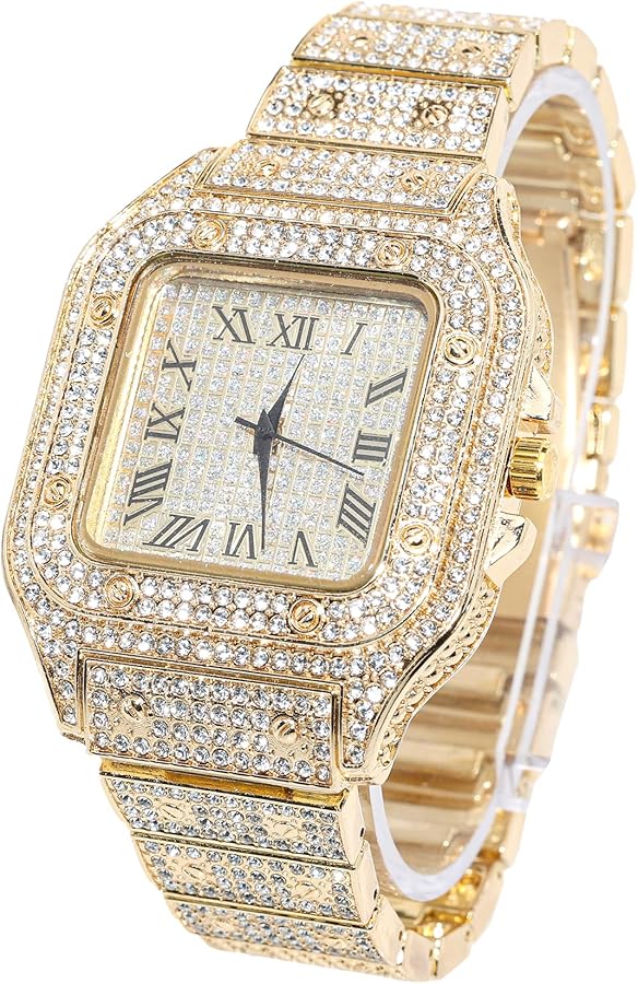 HALUKAKAH Esfera Cuadrada Diamante Reloj de Oro Iced out,Hombre Chapado en Oro Real de 18k/Platino Oro Blanco Cuarzo Pulsera 24cm,con Cadena de Cubanos Collar Pulsera Opciones,con Caja de Regalo