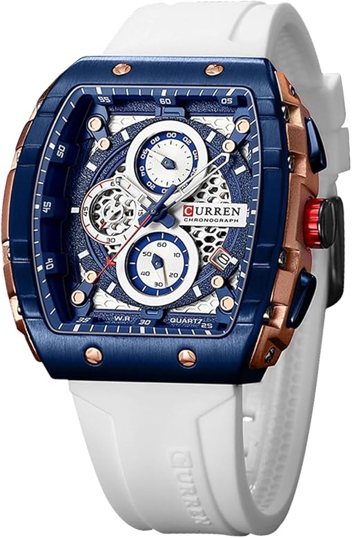 FORSINING Reloj de pulsera analógico de cuarzo para hombre, esfera grande, rectangular, correa de silicona, impermeable, militar, calendario, fecha, blanco, Militar