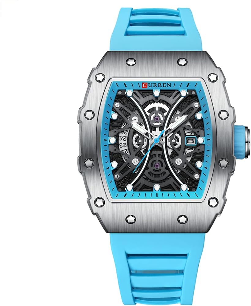 FORSINING Reloj de cuarzo para hombre, diseño de esqueleto, esfera grande, analógico, informal, de negocios, correa de silicona, relojes militares, azul, Correa
