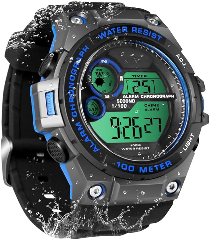 TEKMAGIC Reloj de Pulsera Hombres Niño Natación 100m Resistente al Agua Reloj Buceo con Funciones de Cronómetro, Cronógrafo, Alarma, Zona Horaria Dual, Formato de 12/24 Horas