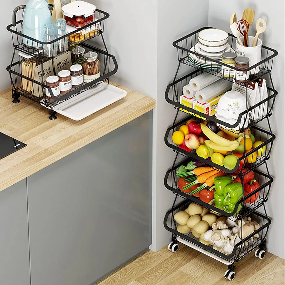 KOLENSA - Cestas de Alambre de Metal con Ruedas, contenedores de Almacenamiento apilables, Estante Organizador de Cocina, 3-4-5-6 Niveles, Carrito de Frutas y Verduras, Platos, estantes de Temporada