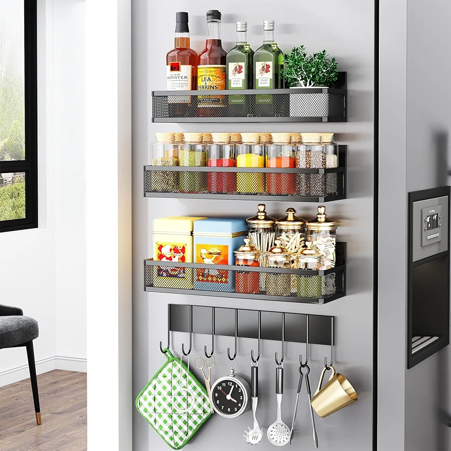 Miyawell Estante magnético para especias para refrigerador, paquete de 4 estantes magnéticos, organizador de nevera, estantes magnéticos para organización y almacenamiento de cocina, estantes de