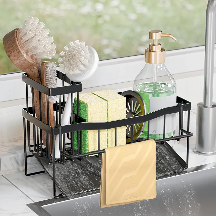 SWILLE Organizador Bajo Fregadero Cocina,Soporte Esponja Cocina con Toallero,Organizador Estropajo Fregadero con Bandeja Drenaje,Porta Estropajos Cocina,Almacenamiento Organizador, Negro