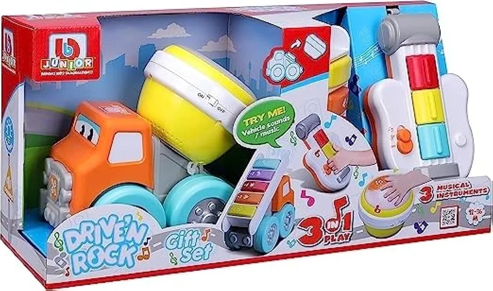 BB Junior Drive 'N Rock 16-89034 - Juego de Instrumentos Musicales Desmontables, camión con Tambor, Guitarra, Piano - 2 Modos de Juego - Pilas Incluidas, a Partir de 12 Meses