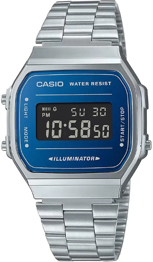 Casio Reloj Cuarzo Unisex 38.60mm con dial Digital Azul y Correa de Pulsera de Metal Plata A168WEM-2BEF
