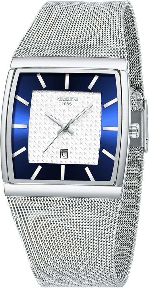 NIBOSI Reloj de pulsera para hombre, lujoso, militar, impermeable, cuarzo, analógico, cuadrado, reloj de pulsera para hombres con correa de malla de acero inoxidable, calendario de fecha