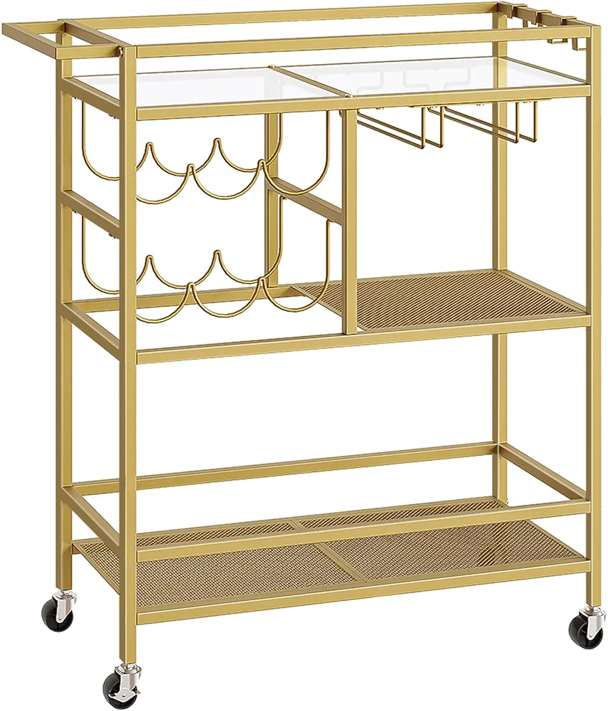 MAHANCRIS Carro de Bar para el Hogar, Carrito de Servicio de 3 Pisos con Ruedas y Asa, Carro de Bebidas con Botellero y Portavasos, Carrito para Cocina, Comedor Oro ARCJ61B01