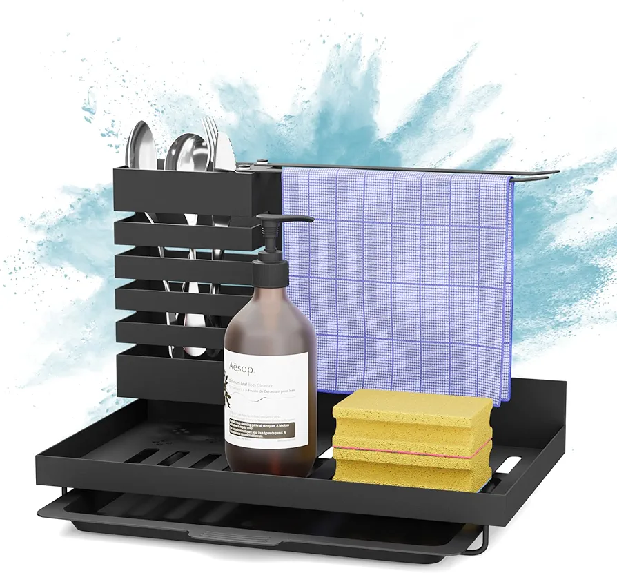 Portaesponjas para Fregadero de Cocina,Pgtc Organizador de Baño para Fregadero de Cocina con Toallero de Té,Especiero de Metal Colgante para Cocina-No Requiere Perforación con Diseño Mejorado(Negro