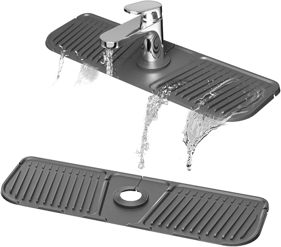 Alfombrilla de silicona para grifo, bandeja de recogida de goteo con mango de grifo de silicona, protector de salpicaduras para fregadero de grifo, tapete de secado para encimera de cocina, baño-Gris