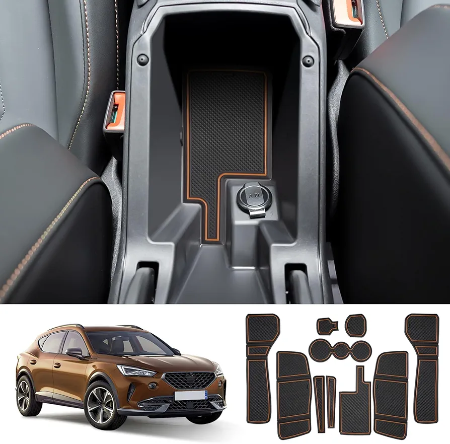 Coleya Alfombrillas Antideslizantes Compatible con Cupra Formentor 2021-2024(Automáticas Electrónicas), Alfombras de Goma para Consola Central, Ranuras de Puerta, Portavasos, Apoyabrazos (Latón)