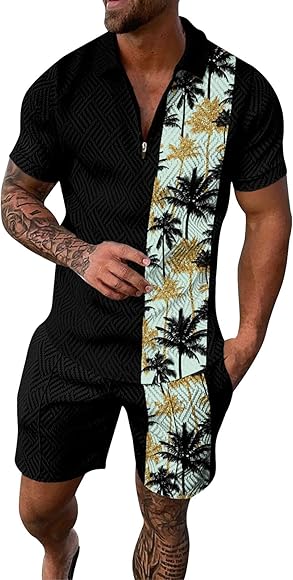 LOIJMK Chándal para hombre de verano, traje deportivo de 2 piezas, camiseta de manga corta, pantalones cortos, traje de ocio, juego de deporte hawaiano, juego de 2 piezas, traje de jogging, traje de