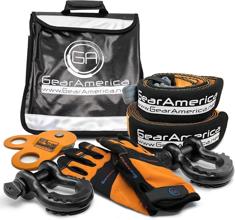 Kit de Recuperación Off-Road GearAmerica | Correa de Remolque + Protector de árbol + Bloque de Arranque + Grilletes con Anillo en D Negro + Bolso Amortiguador Winch Line + Guantes | Accesorios 4x4
