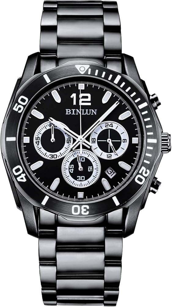 BINLUN Reloj de Cronógrafo Deportivo Hombres Reloj de Pulsera de Acero Inoxidable de Cuarzo para Hombres con Estilo y Fecha de Calendario - Negro