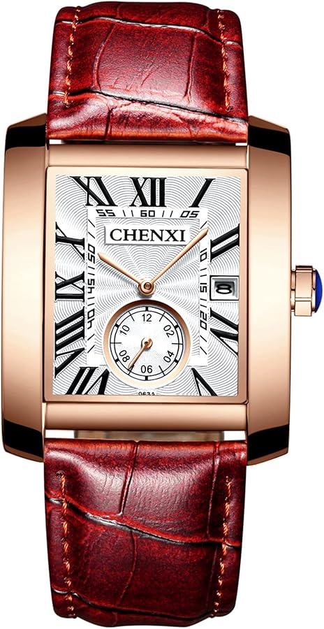 JewelryWe Reloj de pulsera para hombre, calendario retro, analógico, de cuarzo, con esfera rectangular y números romanos y correa de piel, color: negro, azul y marrón, marrón, Retro Casual