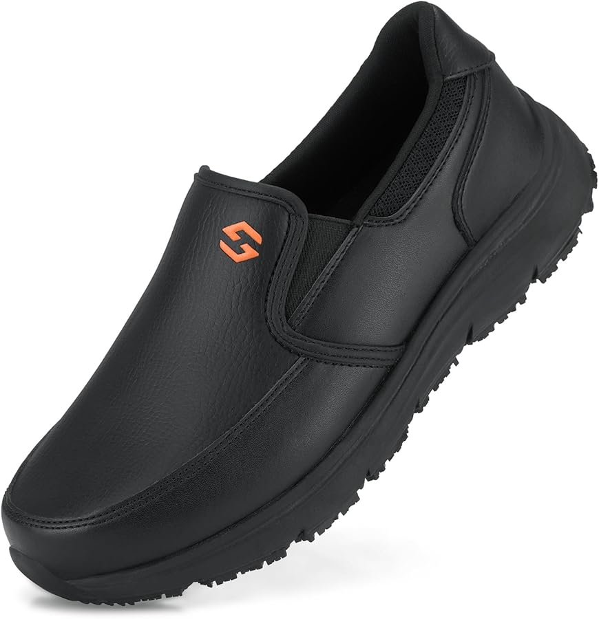 HISEA Men's Leather Non Slip Food Service Shoes, Water & Oil Resistant, Comfortable, Breathable, Lightweight Slip Resistant Shoes for Men, for Kitchen, Restaurant, Slip-on Chef Walking Shoes