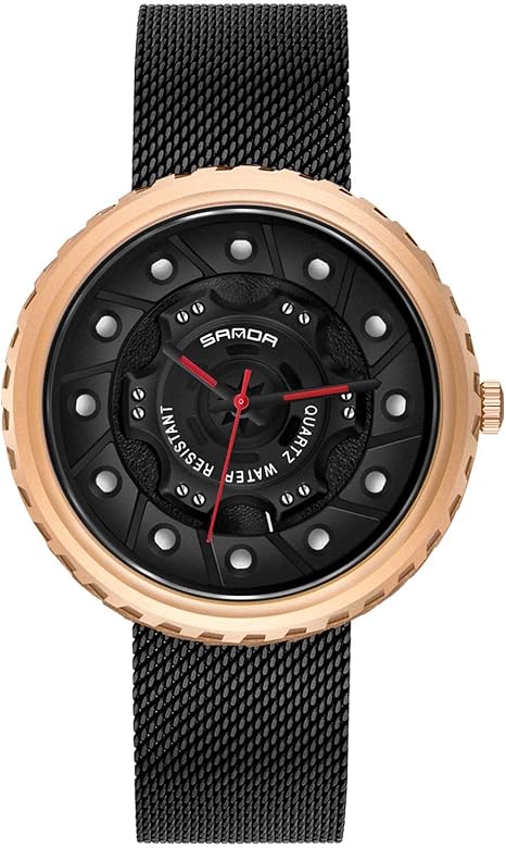 RORIOS Moda Hombre Relojes Cuarzo Analógico Reloj con Correa en Acero Inoxidable Impermeable Relojes de Pulsera Reloj de Coche Estereoscópico Hueco para Hombre