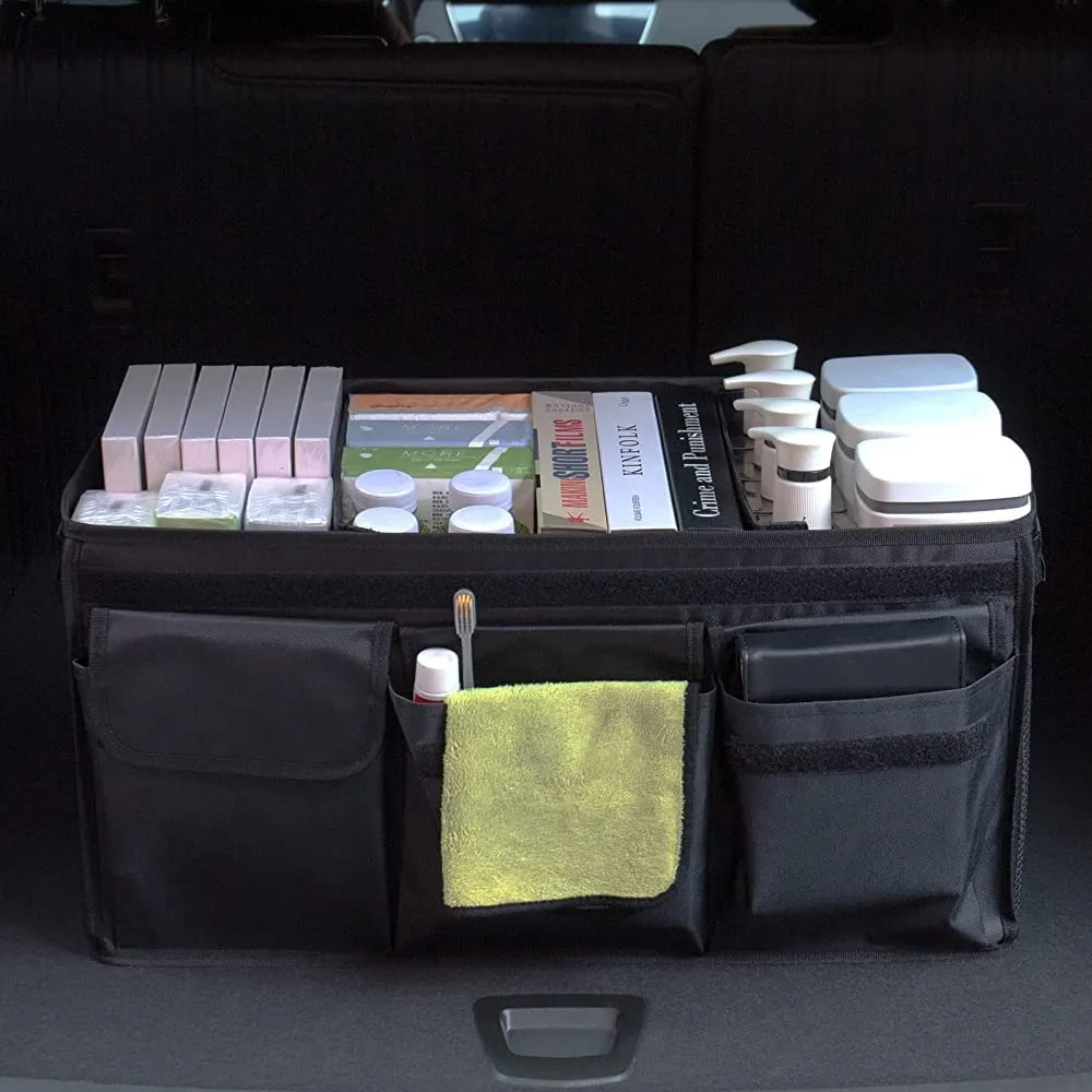 Firschoie Organizador de Maletero, Organizador para maletero, Organizador de maletero de coche plegable con compartimento con tapa, Caja de almacenamiento para automóvil con múltiples bolsillos