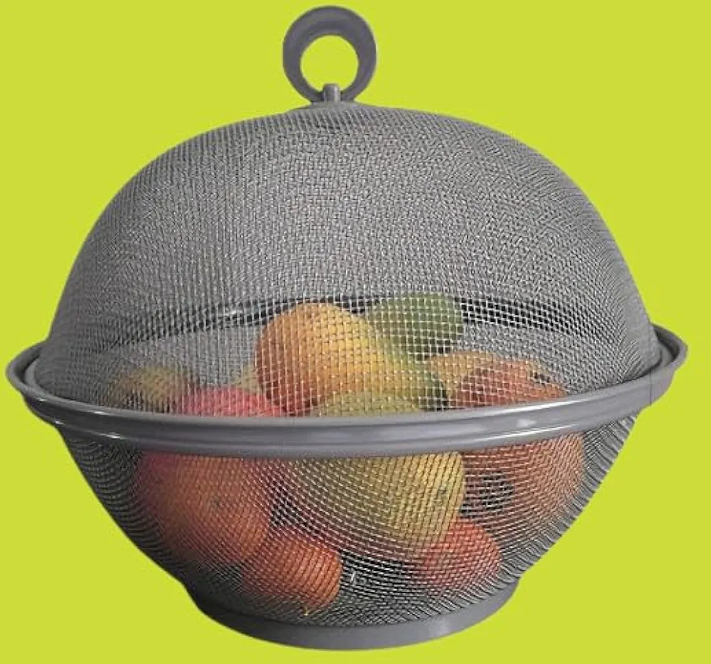 QWXOSR Cesta de acero para frutas y verduras Almacenamiento de cocina con tapa lavable Caja de almacenamiento para mesa de comedor (gris)