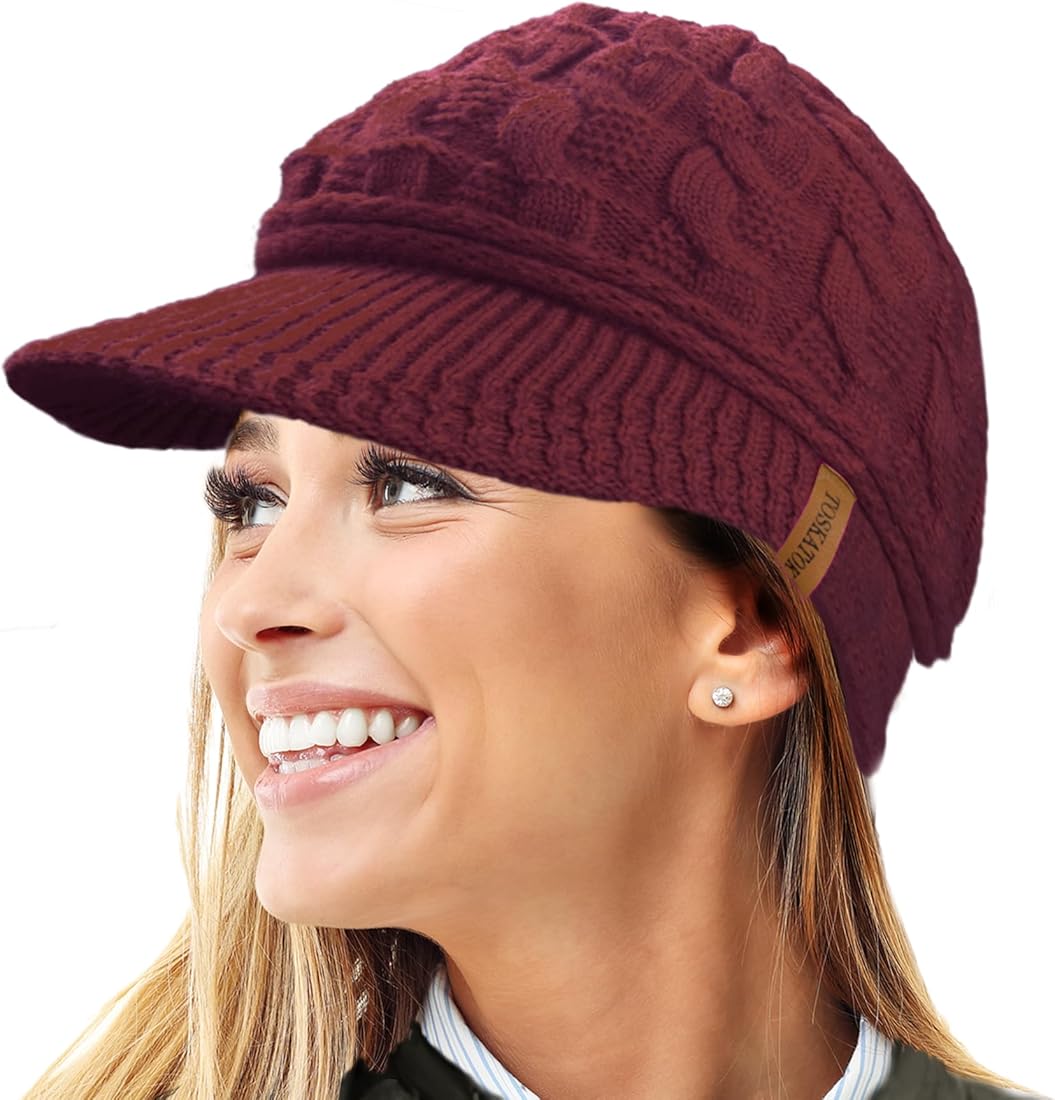 Gorro de Invierno con Forro Polar con Forro Polar de Peluche R80 cálido de Punto de Cable con Pico para Mujer