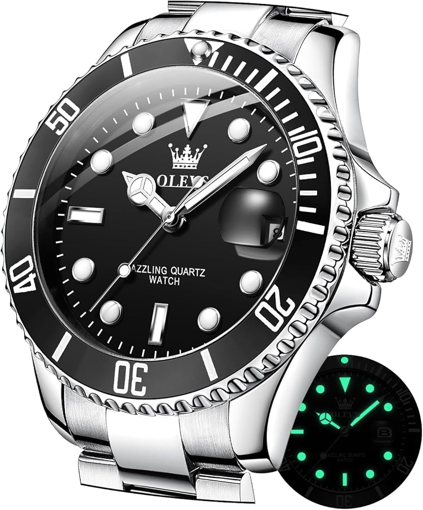 OLEVS Relojes para hombre, clásico, fecha, vestido de negocios, lujoso, esfera grande, verde/negro/azul, resistente al agua, luminoso, analógico, bicolor, acero inoxidable, reloj de pulsera para