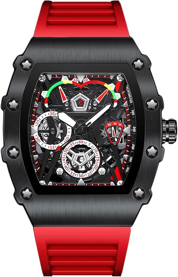 RORIOS Relojes de Pulsera Tonneau para Hombres Reloj Moda Cuarzo Reloj Luminoso Analógico Reloj Deportivo Acciaio inossidabile con Correa de Silicona