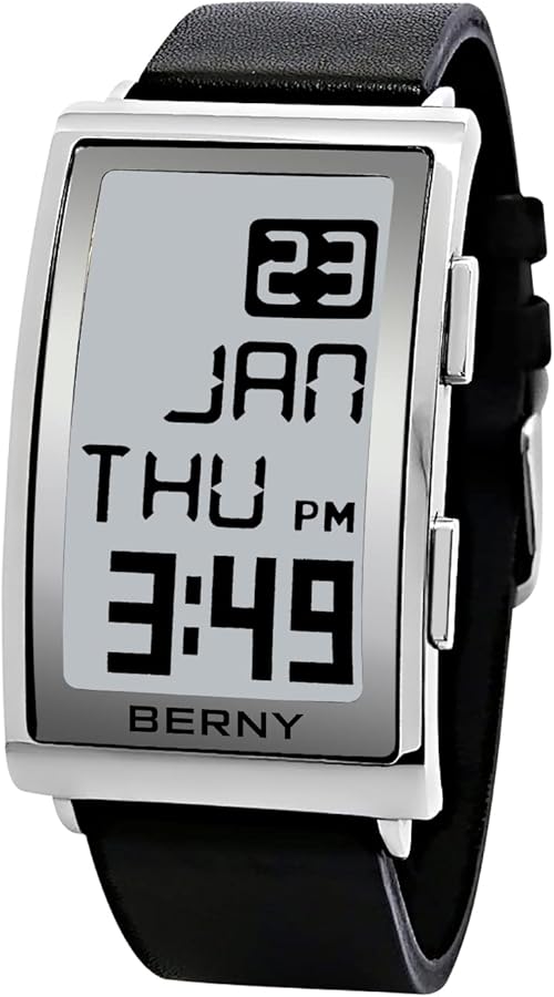 BERNY Reloj deportivo digital para hombre, pantalla de tinta electrónica, reloj LED de papel electrónico, esfera curvada, correa de cuero, relojes de pulsera impermeables de dos zonas horarias, Negro