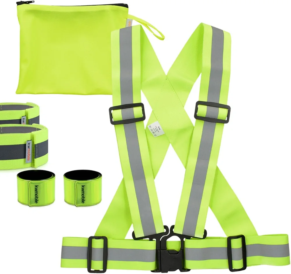 kwmobile Kit 5en1 Chaleco y 4 Bandas Reflectantes - Arnés Reflectante Talla S-M y brazaletes Fluorescentes - Set de Visibilidad para Hacer Deporte