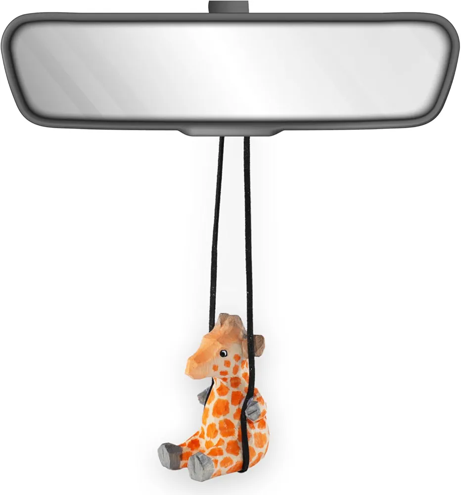 VIPbuy Adorno colgante de madera hecho a mano con jirafa oscilante para coche, bonita figura de jirafa de madera tallada a mano, accesorios para colgar en espejo de coche, accesorios de decoración,