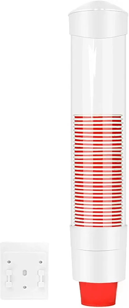 Dispensador de taza de agua montado en la pared con un botón de toque dispensador de taza de plástico antipolvo para tazas de papel de plástico biodegradables conos de papel 7,5 cm 50 tazas (blanco)