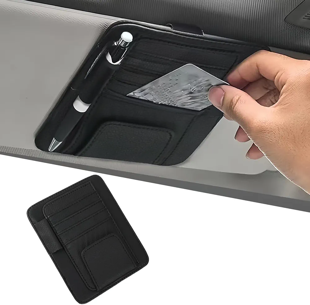 Organizador Parasol Coche, Multifuncional Bolsa Almacenamiento Visera Automóvil, Universal Soportes Gafas Coche con Ranuras Visera Accesorios Interior de Cuero PU para Tarjetas y Bolígrafos, Negro