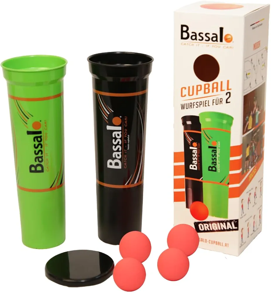 BASSALO Cupball - Juego de Lanzamiento de Pelota con Copas, Juego Exterior para Niños y Adultos - Starter Set Plus para 2 Jugadores - 2 Copas, 4 Pelota de Juego