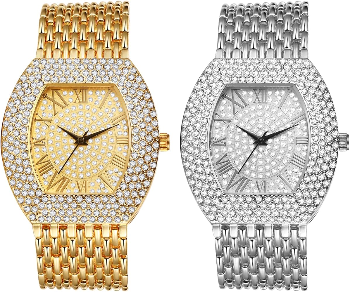 JewelryWe Reloj de Cuarzo Analógico, Reloj de Diamantes para Hombre Mujer con Caja Completa de Diamantes Correa Ancha Desmontable, Plata/Oro
