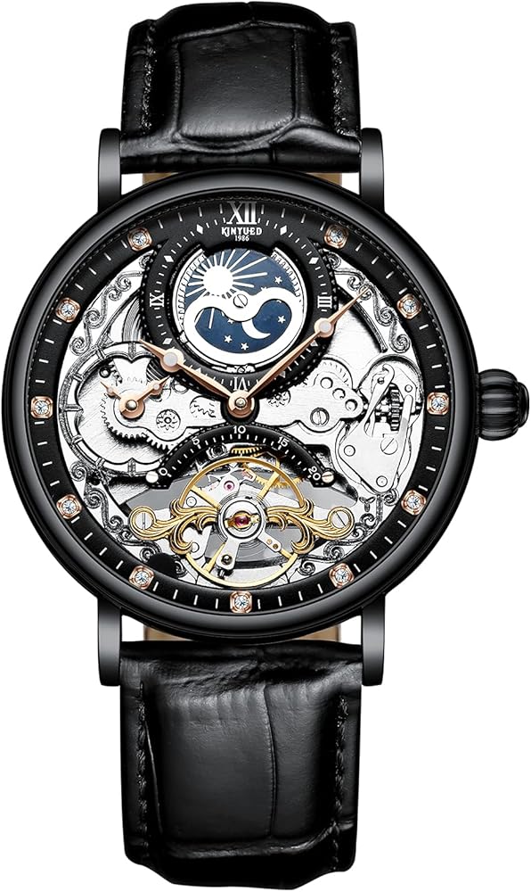 RORIOS Hombre Reloj Impermeables Automáticos Mecánicos Relojes con Correa en Cuero Esqueleto De Fase Lunar Reloj Negocios Reloj para Hombre