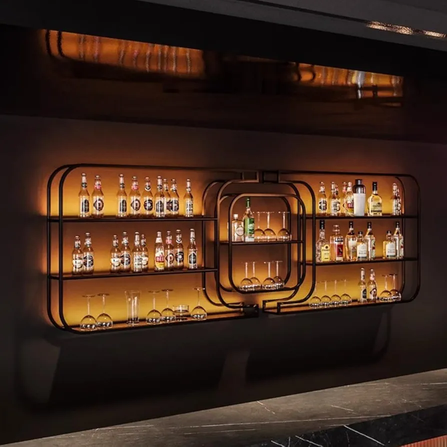 Botellero vino pared para pared con LED y soporte para copas, soporte para botellas de metal, estante de vino para de pared, botelleros para paredes de botellas de licor para barra de cocina(235*15*76