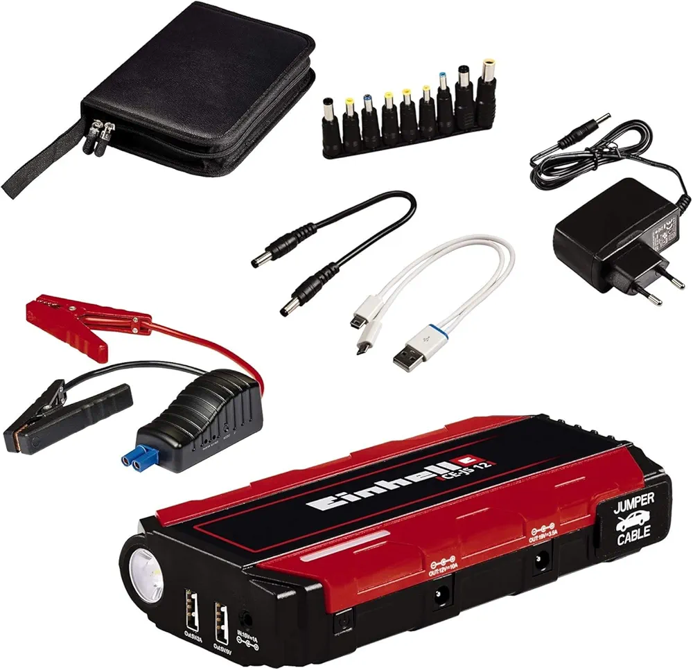 Einhell Dispositivo auxiliar para el arranque de automóviles CE-JS 12 (suministro portátil de electricidad, indicación del estado de carga, juego auxiliar de arranque, incl. adaptadores)