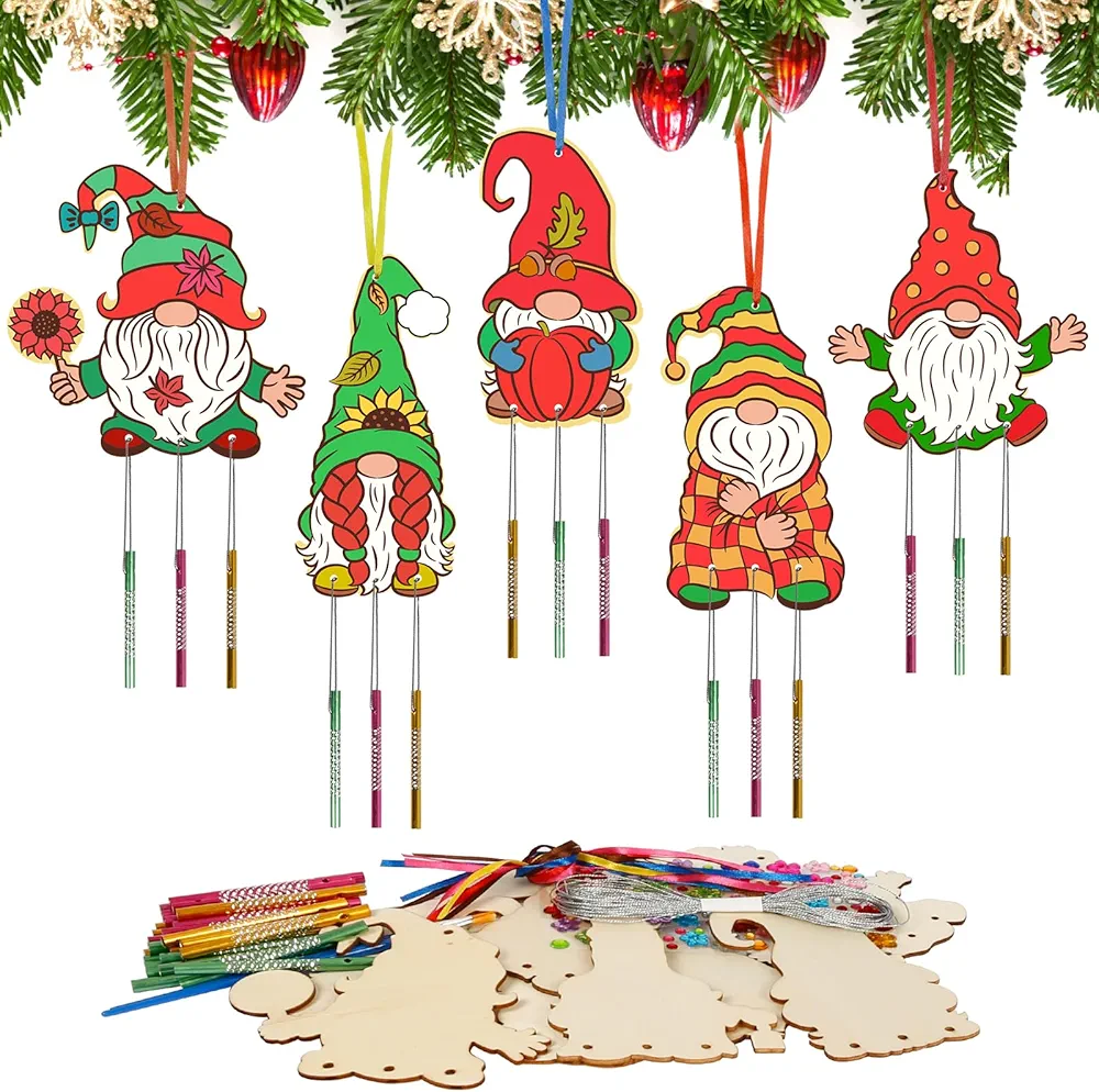 HONMOK 10pcs Gnomo de otoño Campanas de Viento Juego de Artesanía Niños Campanas de Viento Sonido Artesanía para Pintar Regalos para Niños Niñas Decoración de Navidad