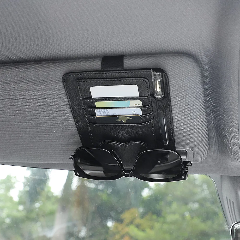 TIESOME Organizador para Visera de Coche, Colgador de Gafas de Cuero para Visera de Coche con Bolsillos de Almacenaje Funda Universal para Visera de Coche Accesorios de Interior (Negro)