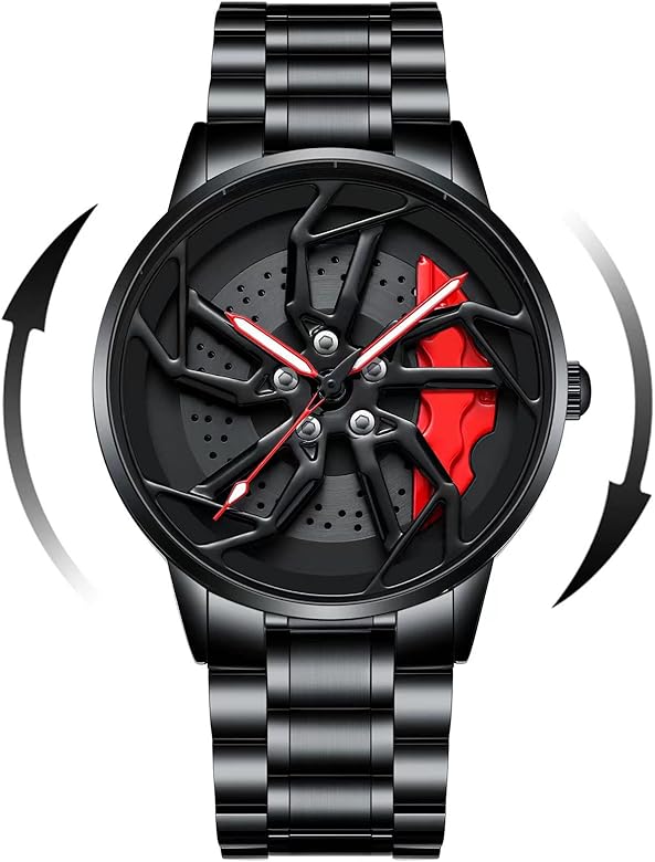 Mihawk Reloj de Pulsera para Hombre de Motorsport con diseño de llanta 3D con Cubo Giratorio, de Acero Inoxidable, con Cristal Mineral, Reloj Deportivo Reloj de Cuarzo (570S)
